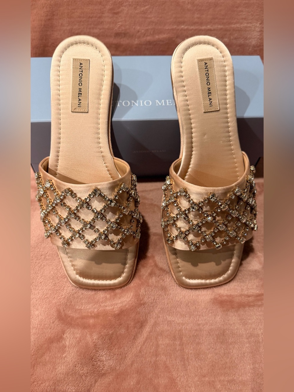 ANTONIO MELANI Champagne Crystal Lattice Slide Mules